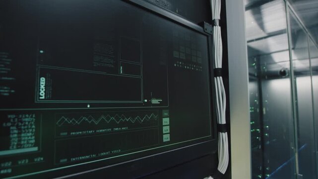 Modern computer network server in industrial control room with technology and equipment elements
