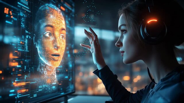 Human interacting with advanced AI holograms and digital avatars in a futuristic interface, exploring human&ndash;machine collaboration, artificial intelligence, and data analysis.