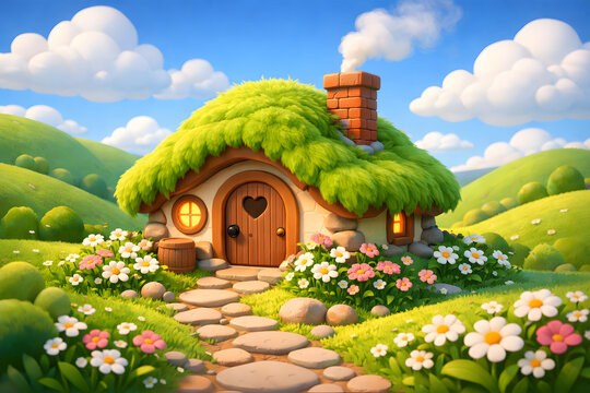 Enchanted fairytale cottage in a blooming garden 2d illustration
