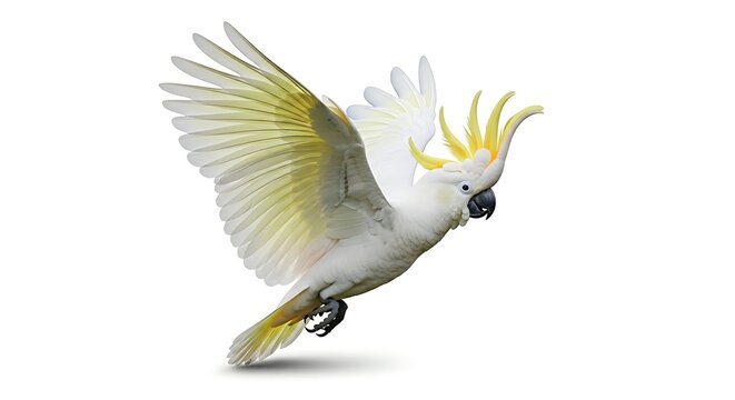 A beautiful white sulphur-crested cockatoo with a vibrant yellow crest captured mid-flight against a pristine white background.