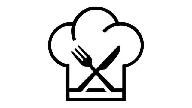Minimalist black and white vector icon illustration of a chef's hat with crossed fork and knife cutlery inside, perfect for restaurant logos, cooking classes, food blogs, and culinary branding.