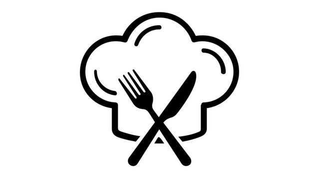 Minimalist vector icon illustration of a chef's hat with crossed fork and knife, representing culinary arts, restaurant branding, cooking, and professional catering services, AI-generated.