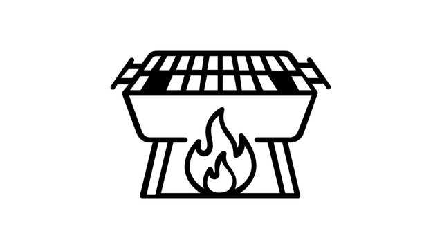 Minimalist black and white vector icon illustration of a barbecue grill with burning flames underneath, ideal for summer picnic, outdoor cooking, BBQ party, and food related graphic design projects.