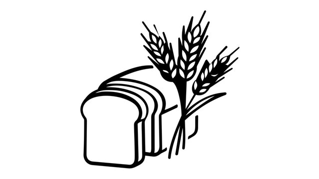 Minimalist vector illustration of a sliced loaf of bread with wheat stalks, clean black and white line art icon for bakery, organic food, and agriculture themes, scalable AI-generated graphic design.