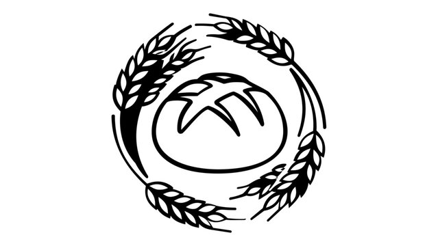 Artisanal bakery vector icon featuring a hand-drawn style loaf of bread surrounded by a circular wreath of wheat stalks, ideal for organic food labels, farm-to-table menus, and logo design.
