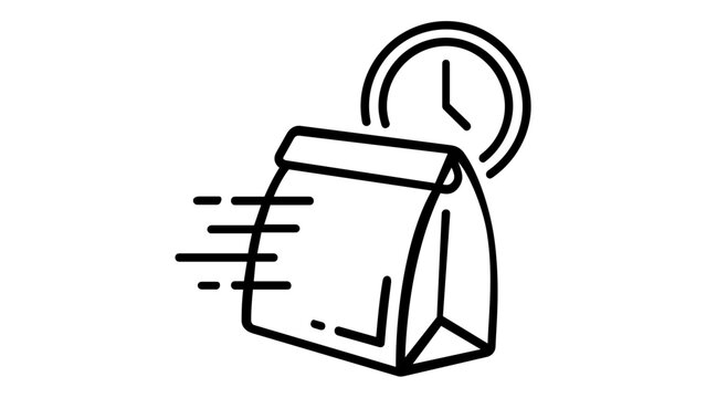 Fast food delivery bag vector icon illustration with motion lines and a clock timer, symbolizing express shipping, quick takeaway service, and efficient meal logistics for mobile apps.