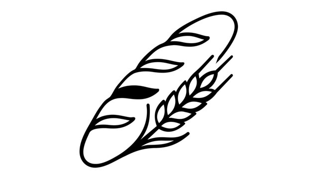 Minimalist black and white vector illustration of a crusty French baguette bread and a wheat stalk, perfect for bakery logos, organic food icons, culinary branding, and cafe menu designs.