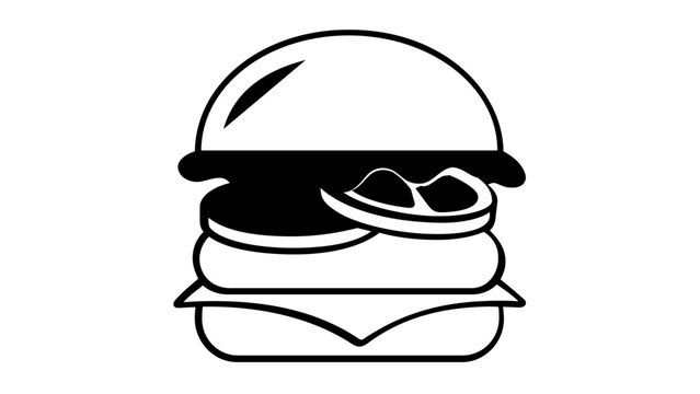 Minimalist black and white vector icon illustration of a hamburger with visible layers including bun, patty, cheese, and lettuce, perfect for food menus, restaurant branding, and culinary design.