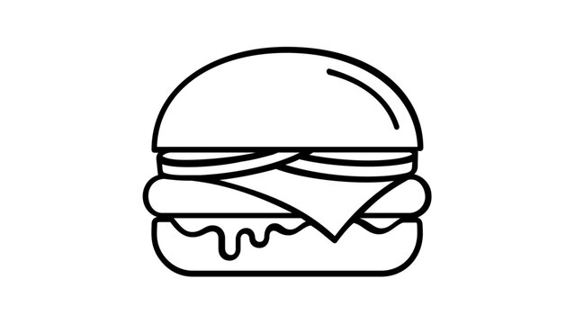 Minimalist vector icon illustration of a classic hamburger with visible layers including bun, cheese, tomato, and patty, ideal for restaurant menus, food delivery apps, and culinary designs.