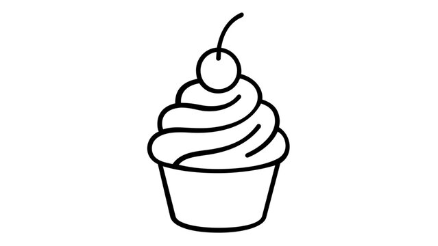 Minimalist vector icon illustration of a delicious cupcake with a swirl of frosting and a cherry on top, perfect for bakery logos, food apps, and dessert menus, scalable black line art.