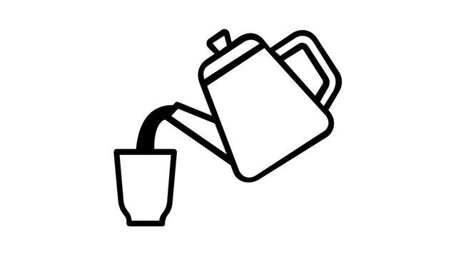 Minimalist vector illustration of a teapot pouring hot tea or coffee into a cup, featuring clean black lines on a white background, perfect for kitchen, cafe, or breakfast themed designs.