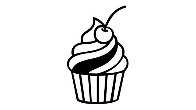 Minimalist black and white vector icon illustration of a delicious cupcake with a swirl of frosting and a cherry on top, perfect for bakery logos, food menus, and sweet dessert designs.