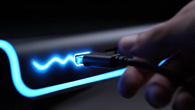 A person's hand holding a USB cable, plugging it into a device with a glowing blue light.