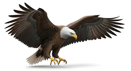 Fototapeta premium A magnificent bald eagle, symbol of freedom, swoops downward with powerful wings outstretched against a pristine white background.