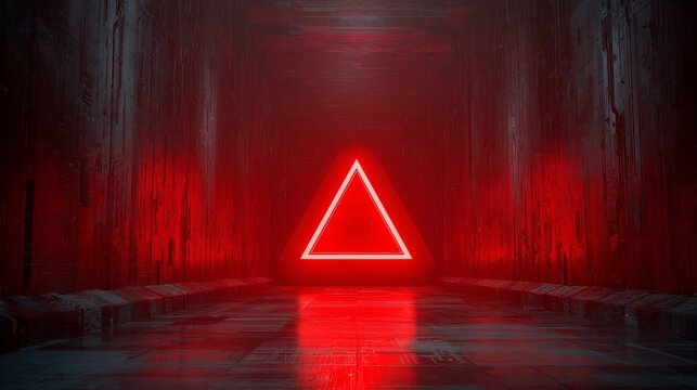 A glowing red neon triangle in a dark and moody room with reflective floor