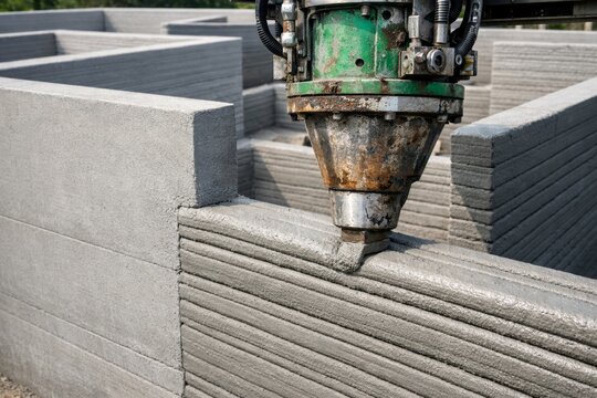 3D printing machine building concrete house structure concept outdoors. Ai generative