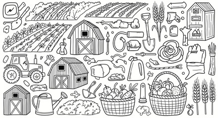 Obraz premium Agriculture and farming doodle set including barn, tractor, tools, basket of vegetables, and wheat, hand-drawn sketch style on white background.