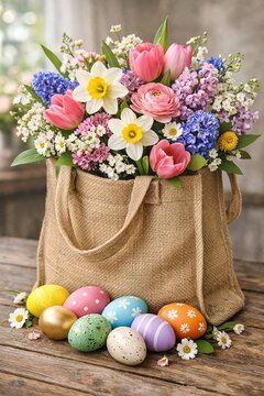 Bunter Fr&uuml;hlings-Blumenstrau&szlig; in einer Jutetasche mit Ostereiern auf rustikalem Holztisch