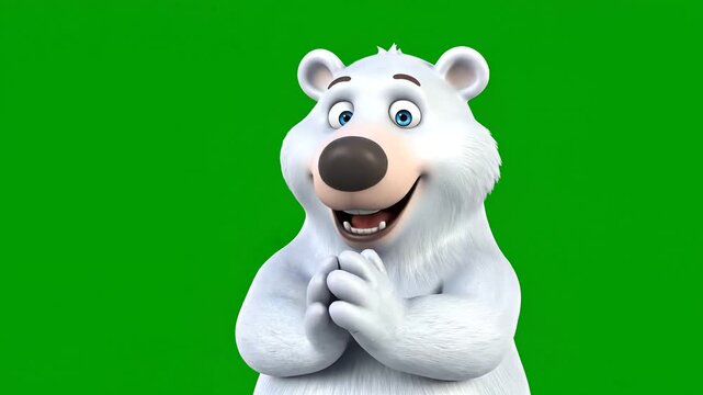 Happy Polar Bear Cartoon Character on Green Screen Waving and Smiling.