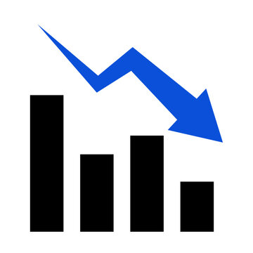 Bar Chart with Blue Downward Arrow Icon Business Decline and Loss Concept. Vector Illustration.
