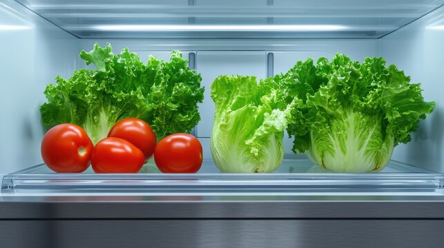 Fresh Lettuce and Red Tomatoes in a Refrigerator
