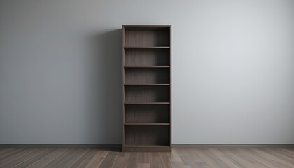 Fototapeta premium A tall, dark wood bookshelf with six empty shelves, standing against a light gray wall, clean composition, soft studio lighting, subtle shadows, minimal aesthetic, high resolution