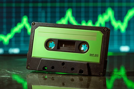 cassette tape with the background of a financial chart going uptrend with the color green , indicating the raise of interest or sales in cassette tape