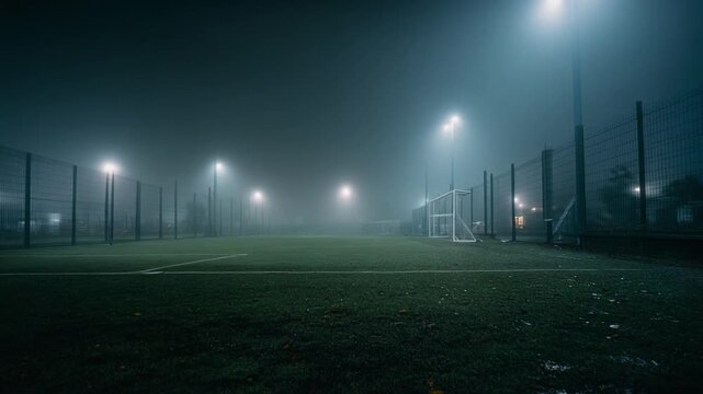 Empty soccer training field at night, shrouded in dense fog with powerful floodlights piercing the mysterious, atmospheric gloom.