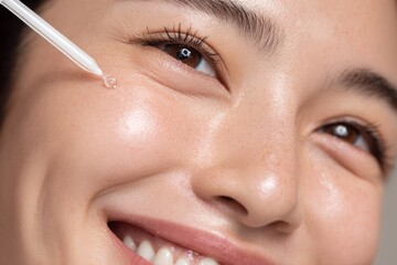 Naklejka premium a drop-shaped serum is being applied over the eyes using an oil dropper