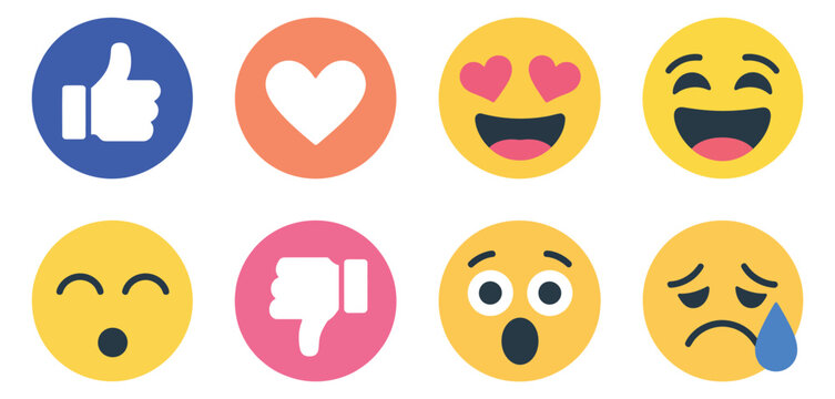 set of emoji reaction icons, like love and dislike symbols, laugh cry sad wow and heart eyes emojis collection, social media reactions for digital communication and chat, clean modern vector illustrat