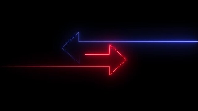 Glowing neon mask double arrow animation .neon double arrow animation. Flashing arrow shape symbol with glowing neon light running around the arrow symbol on a black background. Animation