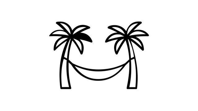 Minimalist vector icon illustration of a hammock hanging between two tropical palm trees, perfect for travel, vacation, and relaxation themes, simple black line art on a white background.