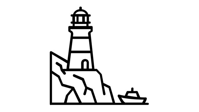 Minimalist black and white line art vector icon illustration of a lighthouse on a rocky cliff with a small boat, perfect for maritime navigation, travel, coastal safety, and nautical designs.