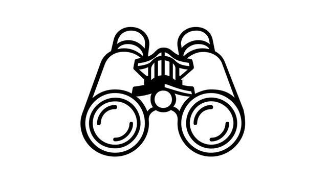 Minimalist black and white vector icon illustration of binoculars for travel, bird watching, and outdoor exploration. Scalable flat design symbol for discovery, scouting, and vision.