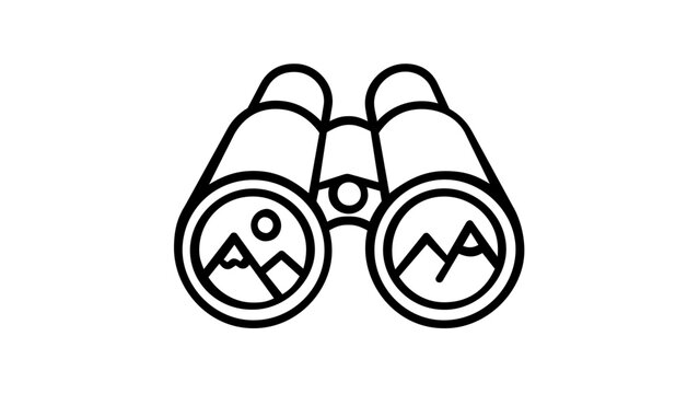 Minimalist vector icon illustration of binoculars with scenic mountain landscape views in the lenses, perfect for travel exploration, outdoor adventure, hiking discovery, and nature sightseeing.