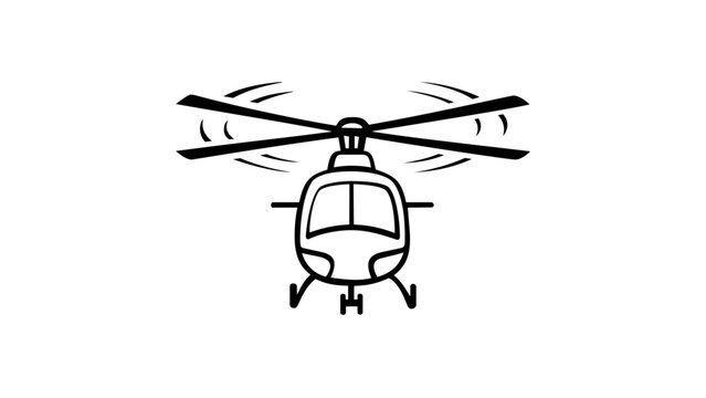 Front View Helicopter Vector Icon Illustration: Minimalist Black and White Line Art of a Flying Chopper with Spinning Rotors for Travel, Aviation, and Transportation Design Projects.