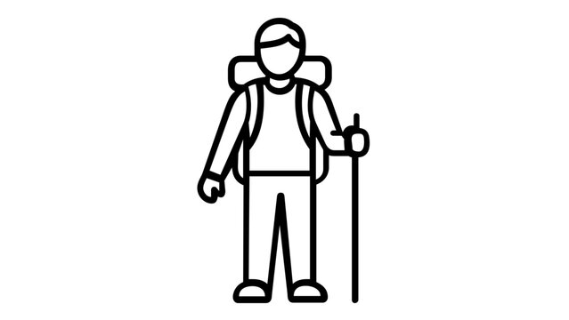 Vector icon illustration of a male backpacker hiking outdoors with a walking stick and a large rucksack. Minimalist flat line art design for travel, adventure, trekking, and outdoor activities.