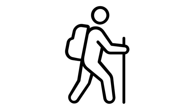 Minimalist vector icon illustration of a backpacker hiking with a walking stick and rucksack. Clean flat line art design of a person trekking outdoors, ideal for travel, adventure, and nature.