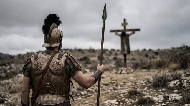 Roman centurion standing before Jesus on the cross. Dramatic biblical crucifixion scene at sunset with ancient armor, spear, and rugged hillside. Historical religious reenactment for faith