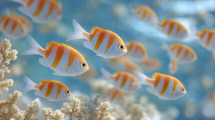 Vibrant orange stripe fish swim underwater in peaceful ocean over bright coral reef bringing calm energy to beautiful blue marine nature