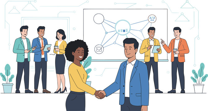 Professional networking and corporate team building vector illustration featuring diverse business colleagues collaborating and shaking hands in an office setting.