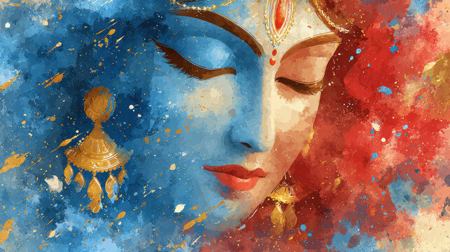 Peaceful blue goddess deity with closed eye adorned in gold jewelry watercolor painting radiating serene divine graceful emotion