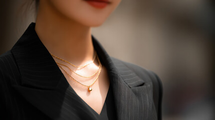 Close up shot showing confident professional business woman wearing elegant black suit and beautiful gold necklace with gentle smile