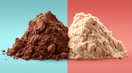 Vibrant whey protein concept showing satisfying chocolate powder pile on blue background and vanilla powder pile on pink background