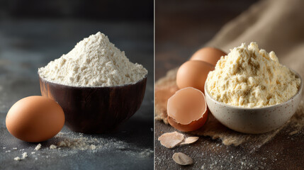 Protein powder egg bowl comparison concept natural nutrition diet healthy appealing right raw ingredient for fitness supplement left view