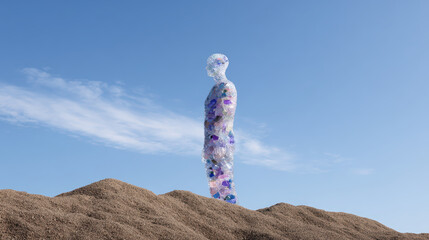 Lonely human silhouette made of translucent glass filled with discard standing on hill against clear blue sky highlighting pollution