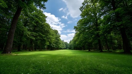 Fototapeta premium A sunlit clearing with lush green grass leading into a dense forest under a blue sky with clouds