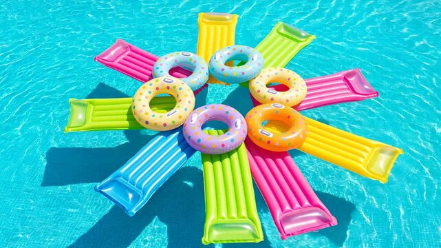 Colorful inflatable pool floats and donut rings arranged in a circle on clear blue swimming pool water.