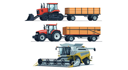 Fototapeta premium Set of agricultural machinery including a tractor with a trailer a bulldozer and a combine harvester on white.