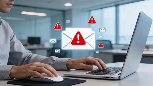 Businessman typing on laptop with email warning alerts cybersecurity threat concept phishing attack spam virus data protection modern office background digital security internet